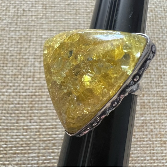 New Lemon Crackle Quartz Crystal Stone Silver Overlay Ring Size 6.75 - Picture 4 of 9